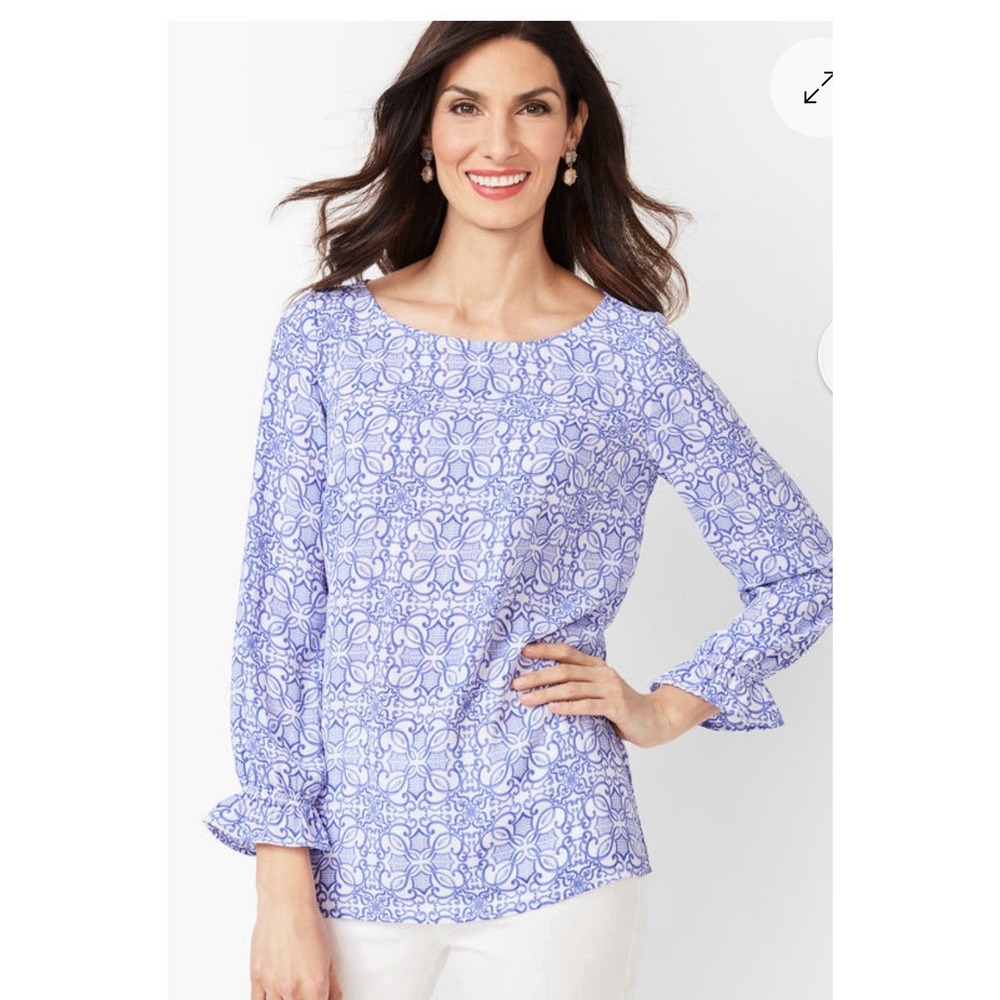 Talbots Womens XL Blouse Blue FEMININE SLEEVE TOP TILE PRINT Party Office